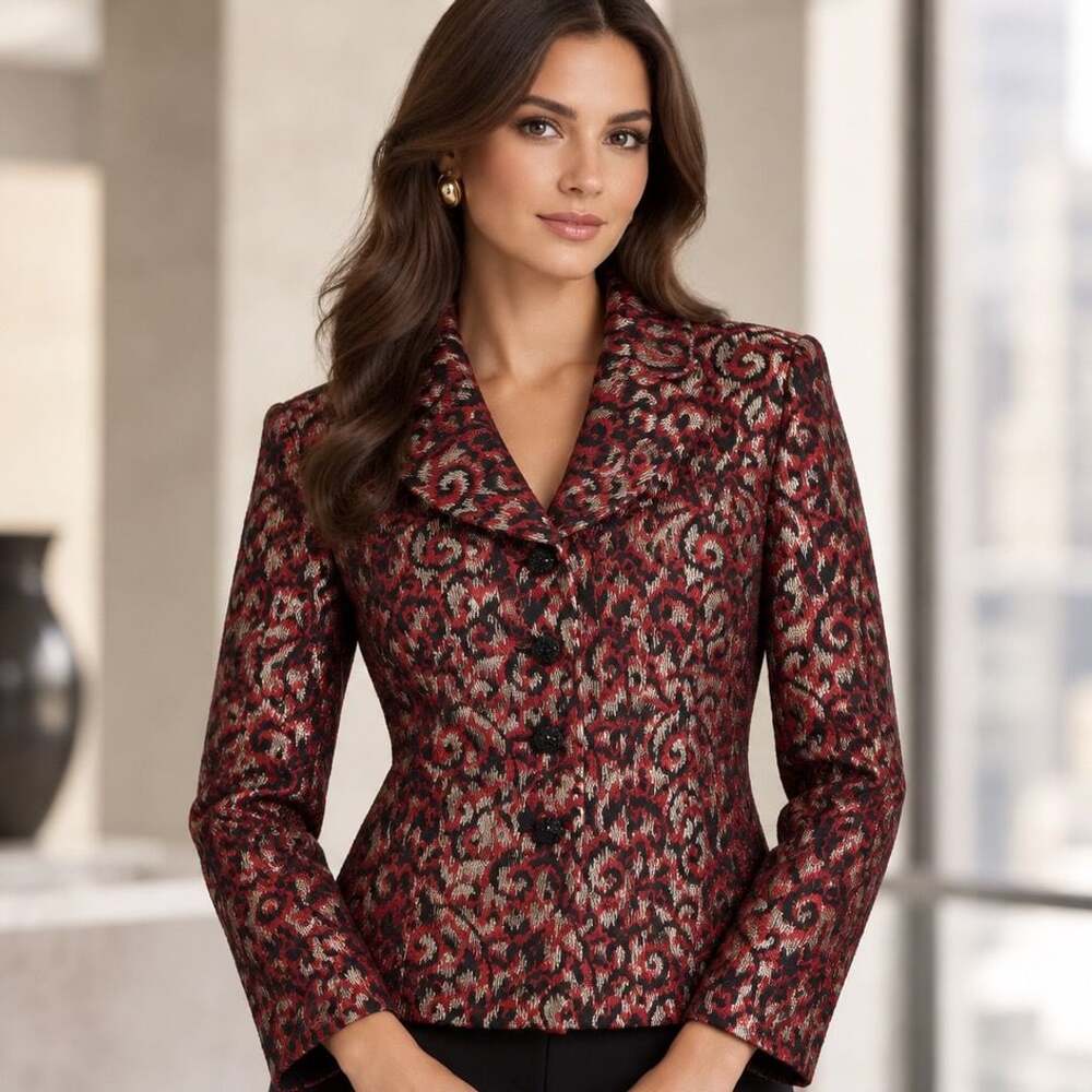 Kasper Brocade Jacket Blazer Size 16 Red Black Gold Metallic